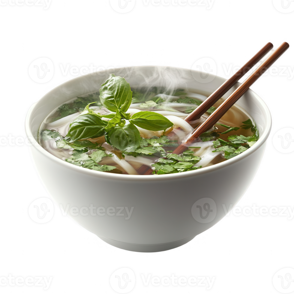 A flavorful steaming bowl of pho garnished with fresh herbs, with chopsticks elegantly resting on the rim, creating a warm and inviting culinary display on a transparent background. png