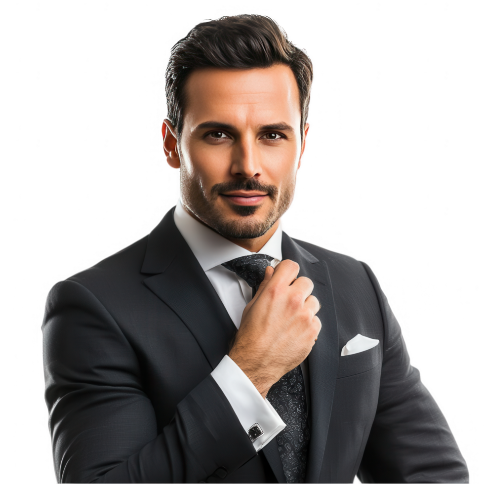 A confident man dressed in a sharp suit on a transparent background png