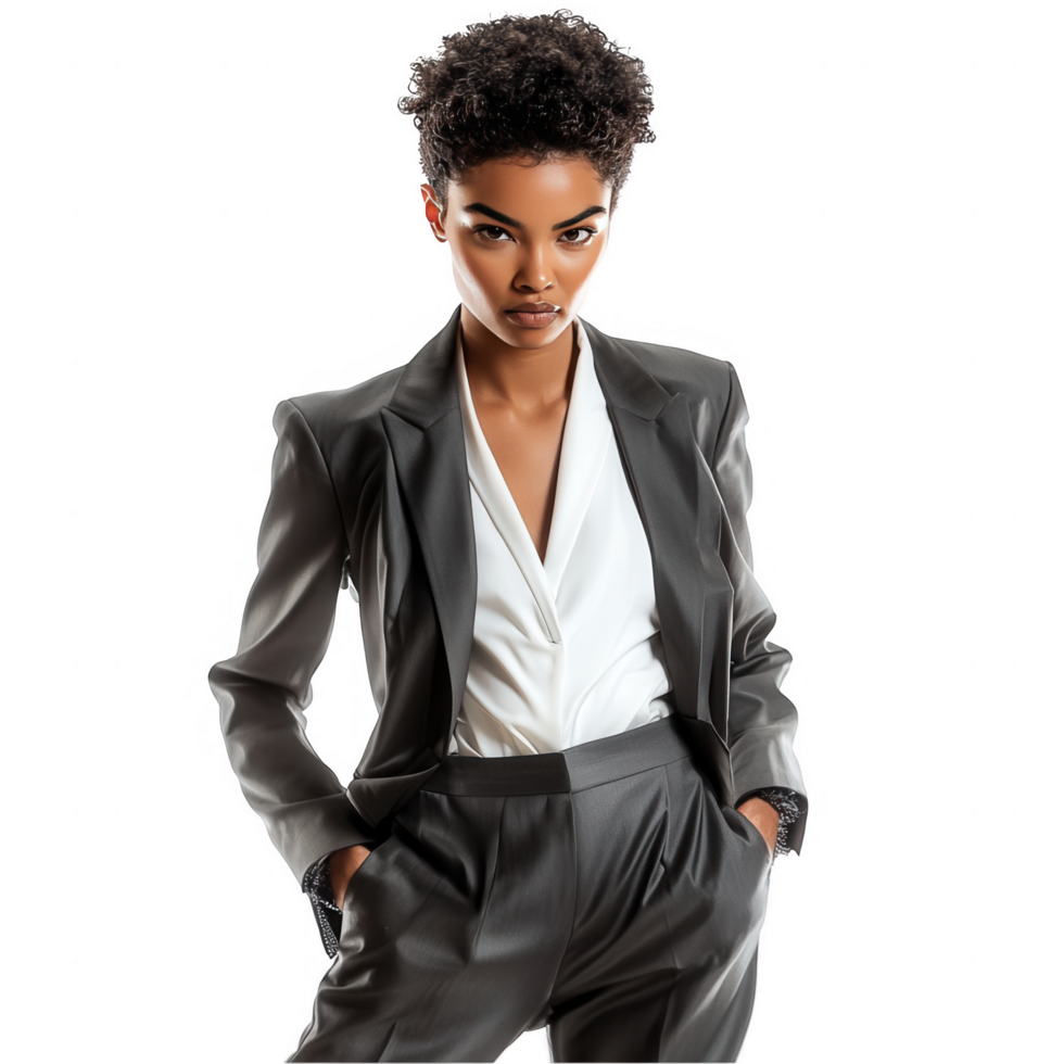 A chic fashion model showcasing a sleek, contemporary outfit with a confident pose on a transparent background. png