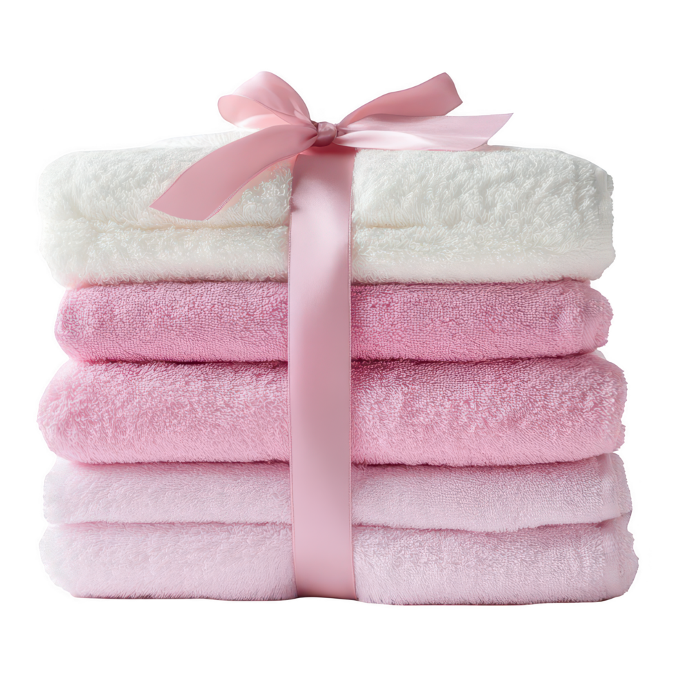 A pile of soft, fluffy towels neatly stacked and secured with a satin ribbon on a transparent background png