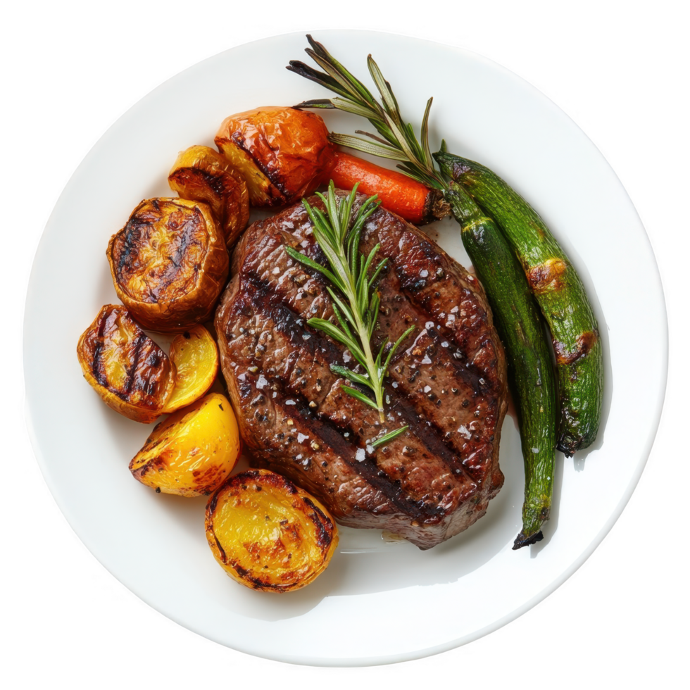 A gourmet serving of steak paired with roasted vegetables on a transparent background png