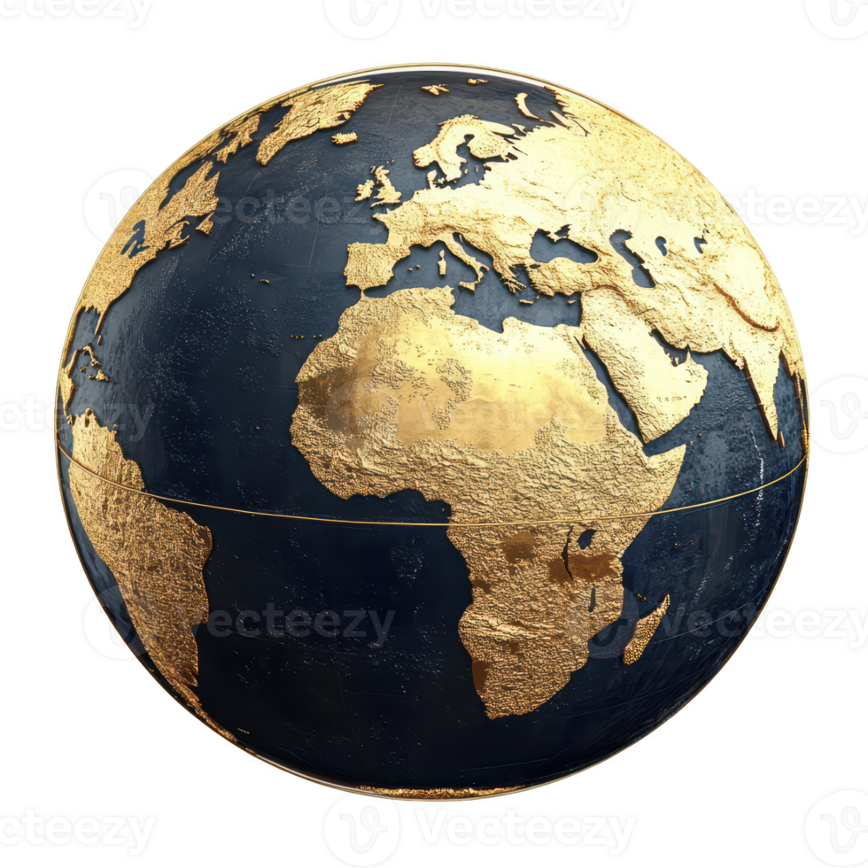 A detailed globe with continents highlighted in gold transparent background png