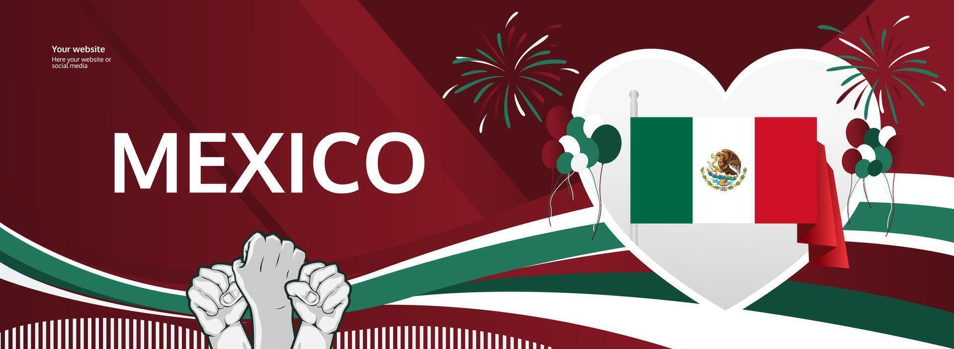 Mexico National Day horizontal design banner with raised hands and country flag to celebrate September 16th proudly. Happy Mexico Independence Day vector