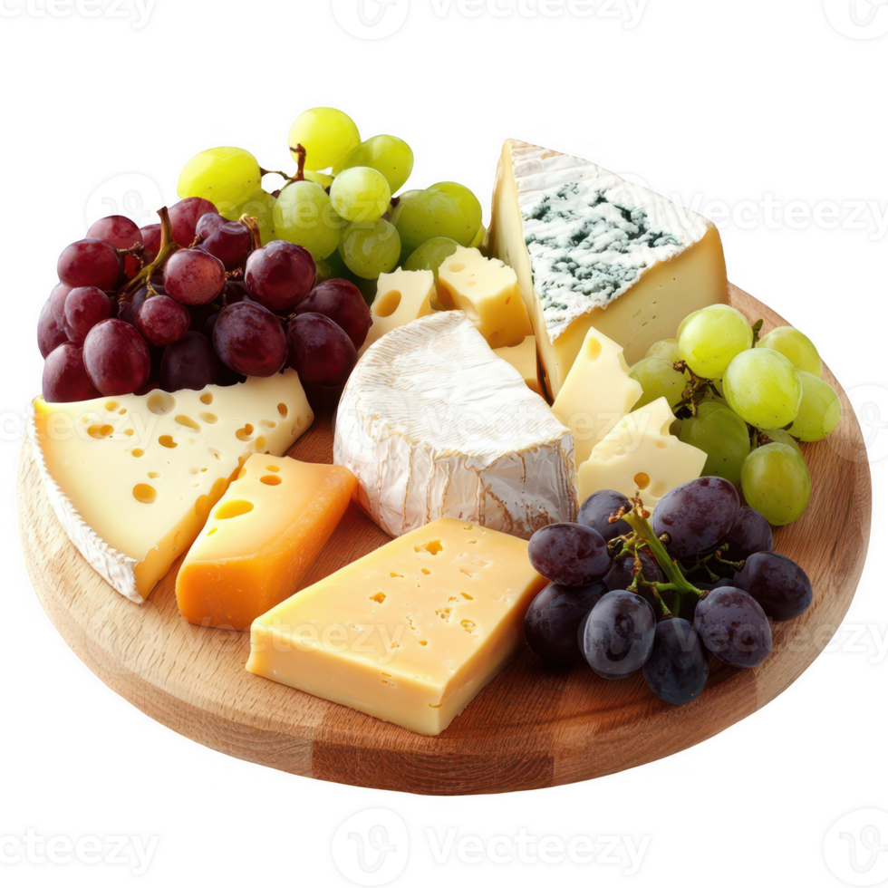 A gourmet cheese platter featuring a variety of cheeses, including wedges and slices, paired with juicy grapes and arranged stylishly, on a transparent background. png