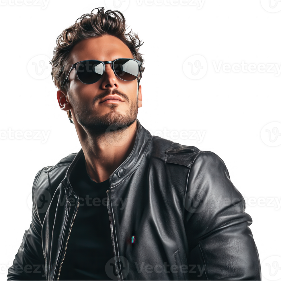 A stylish man wearing a sleek leather jacket and dark sunglasses, exuding confidence and a cool vibe, isolated on a transparent background. png