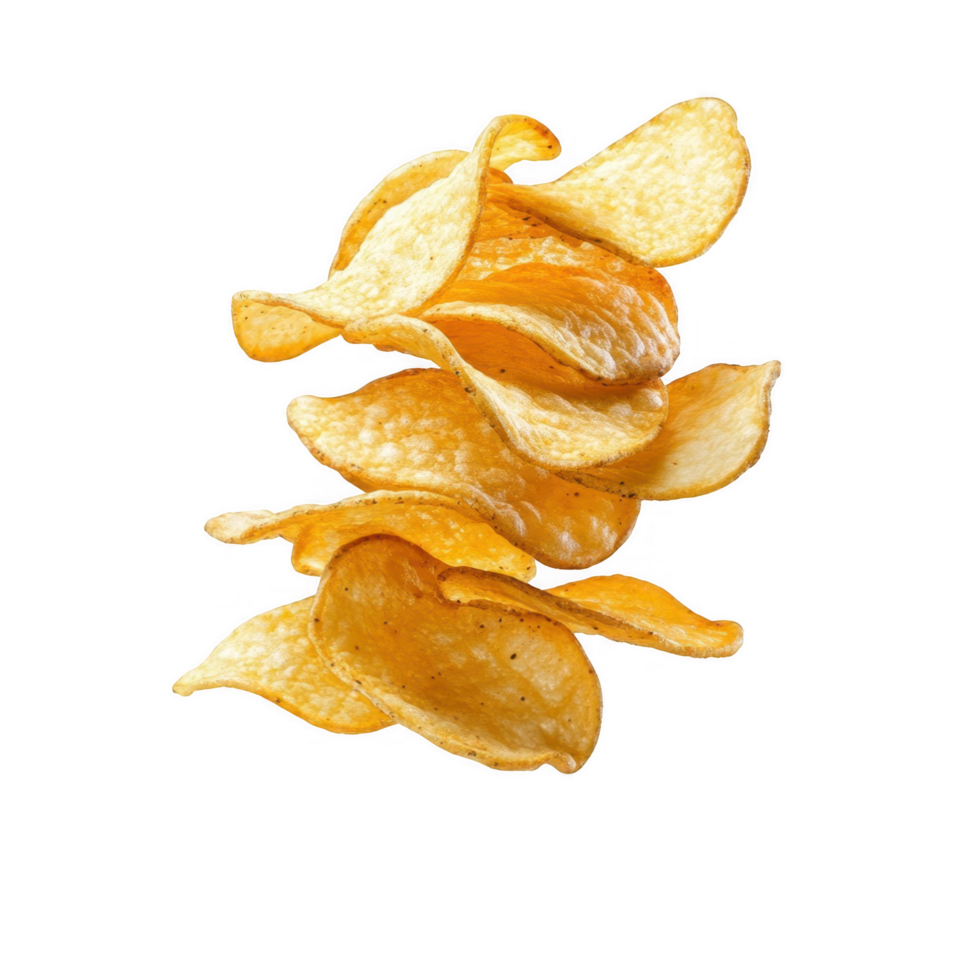 A stack of crispy potato chips suspended mid-air in a dynamic floating arrangement on a transparent background. png