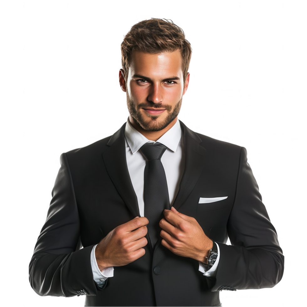 A poised man dressed in a sharp suit, exuding confidence, on a transparent background. png