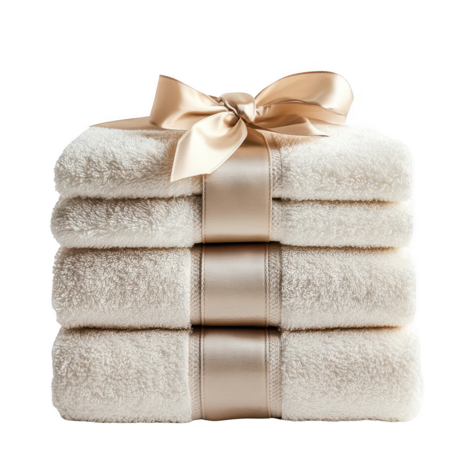 A neatly stacked bundle of fluffy towels wrapped with a smooth satin ribbon on a transparent background. png