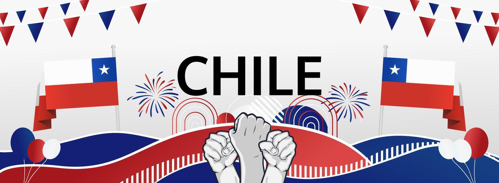 Chile Independence Day greeting banner. September 18th is celebrated as Chile National Day annually. Abstract template with flag and raised fist. Holidays illustration concept. vector