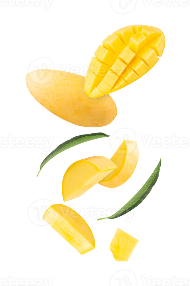 Falling Yellow Mango with leaf, cutout, full depth of field png