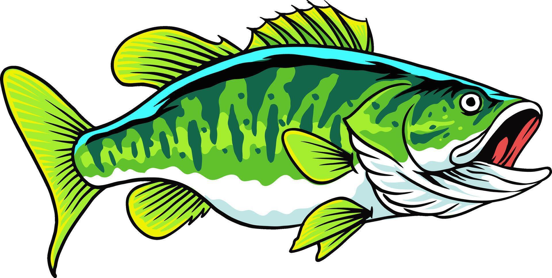 Green Big Bass Fish side view in cartoon character illustration vector