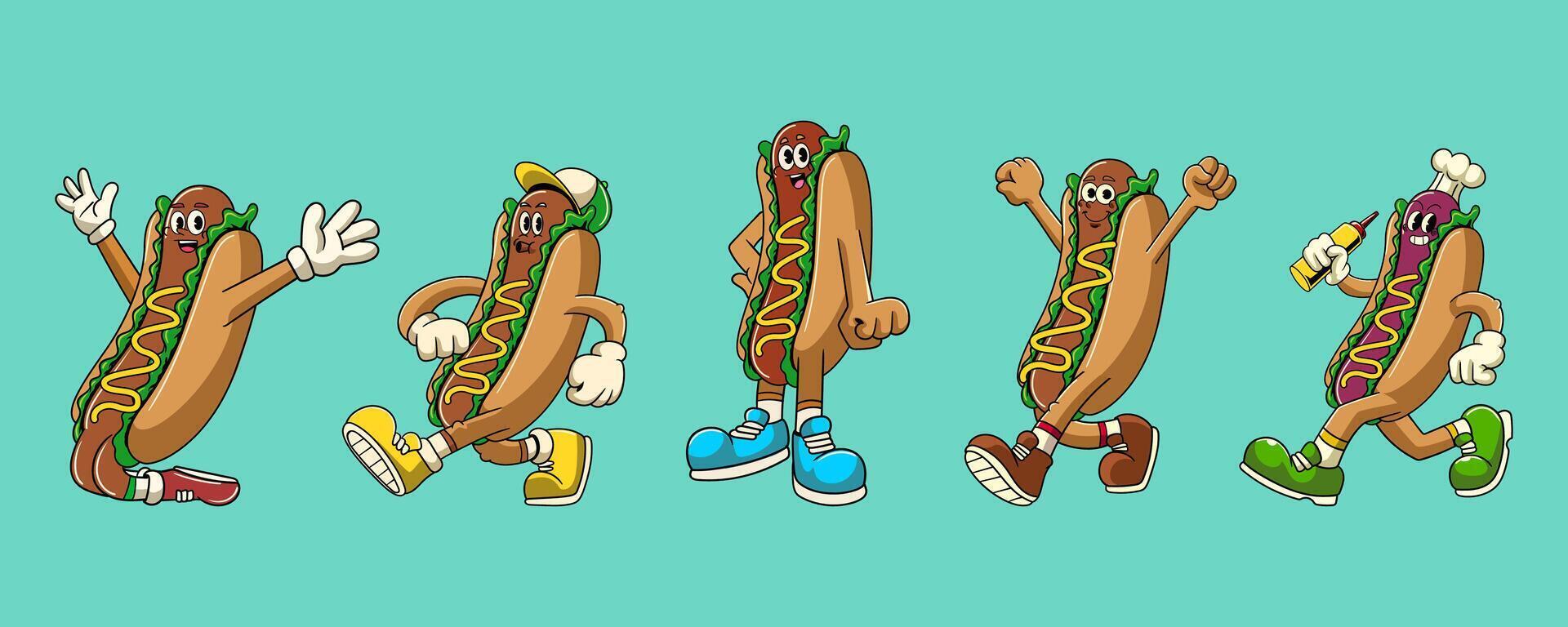 Set of Hot Dog Sausage Food Cartoon Character in Retro Illustration vector