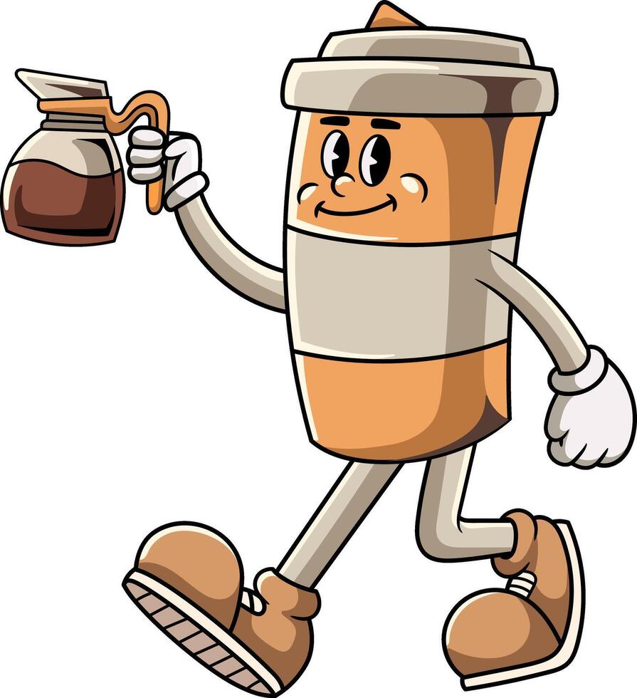 Coffee Paper Cup Cartoon Character in Retro 70s Illustration vector