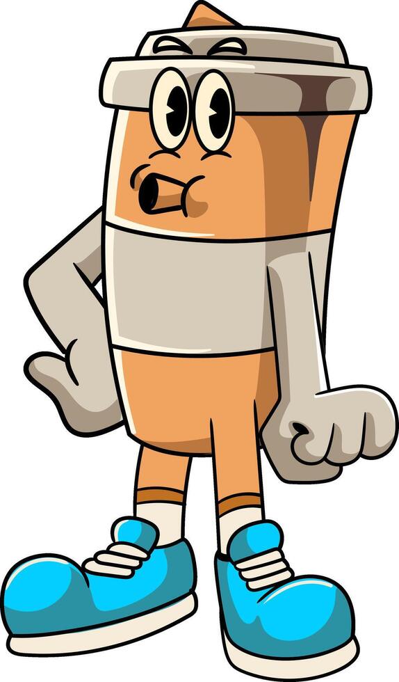 Standing Coffee Paper Cup Cartoon Character in Retro 70s Illustration vector