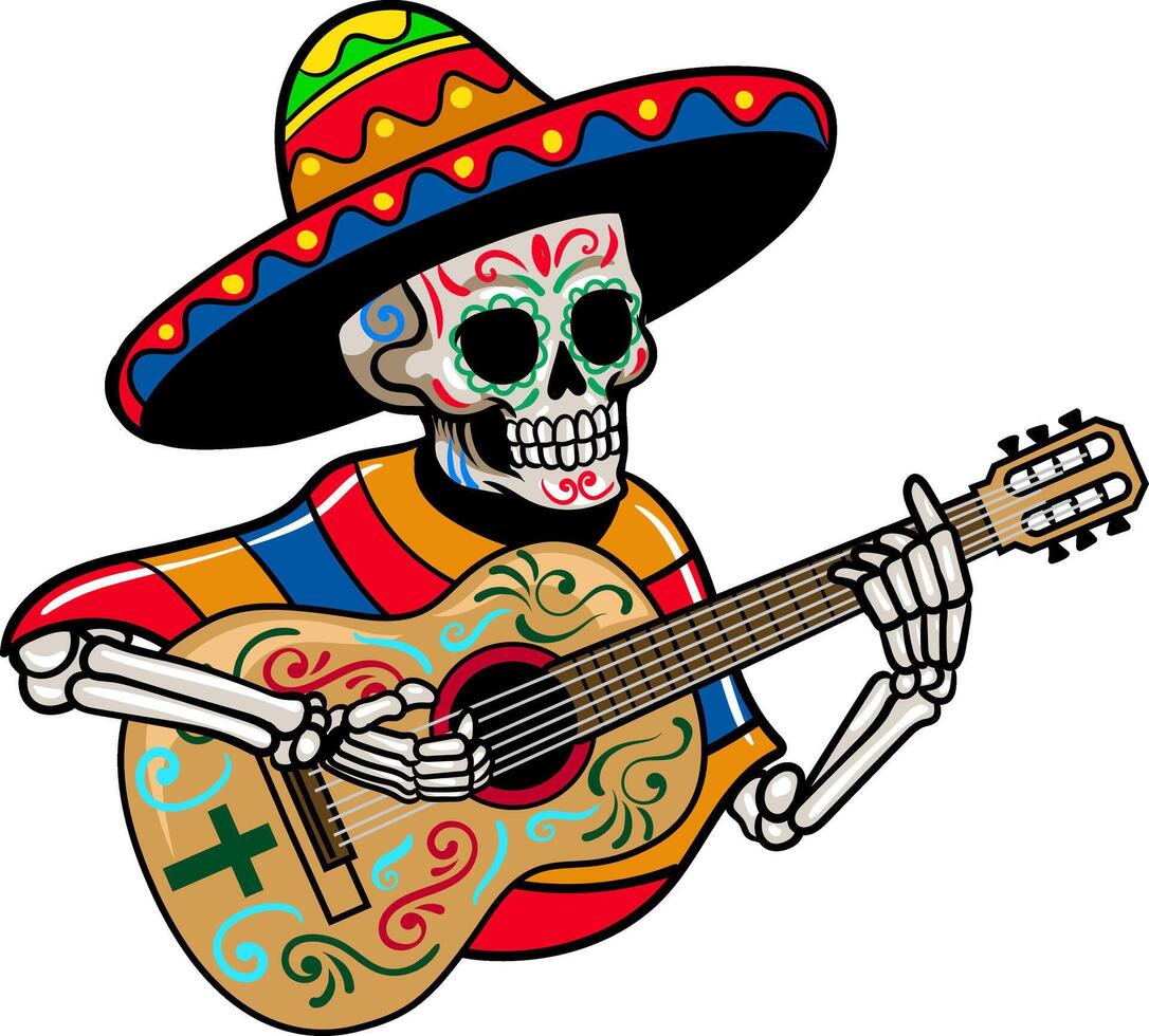 Day of the Dead Skull Playing Guitar Cartoon Character Illustration vector