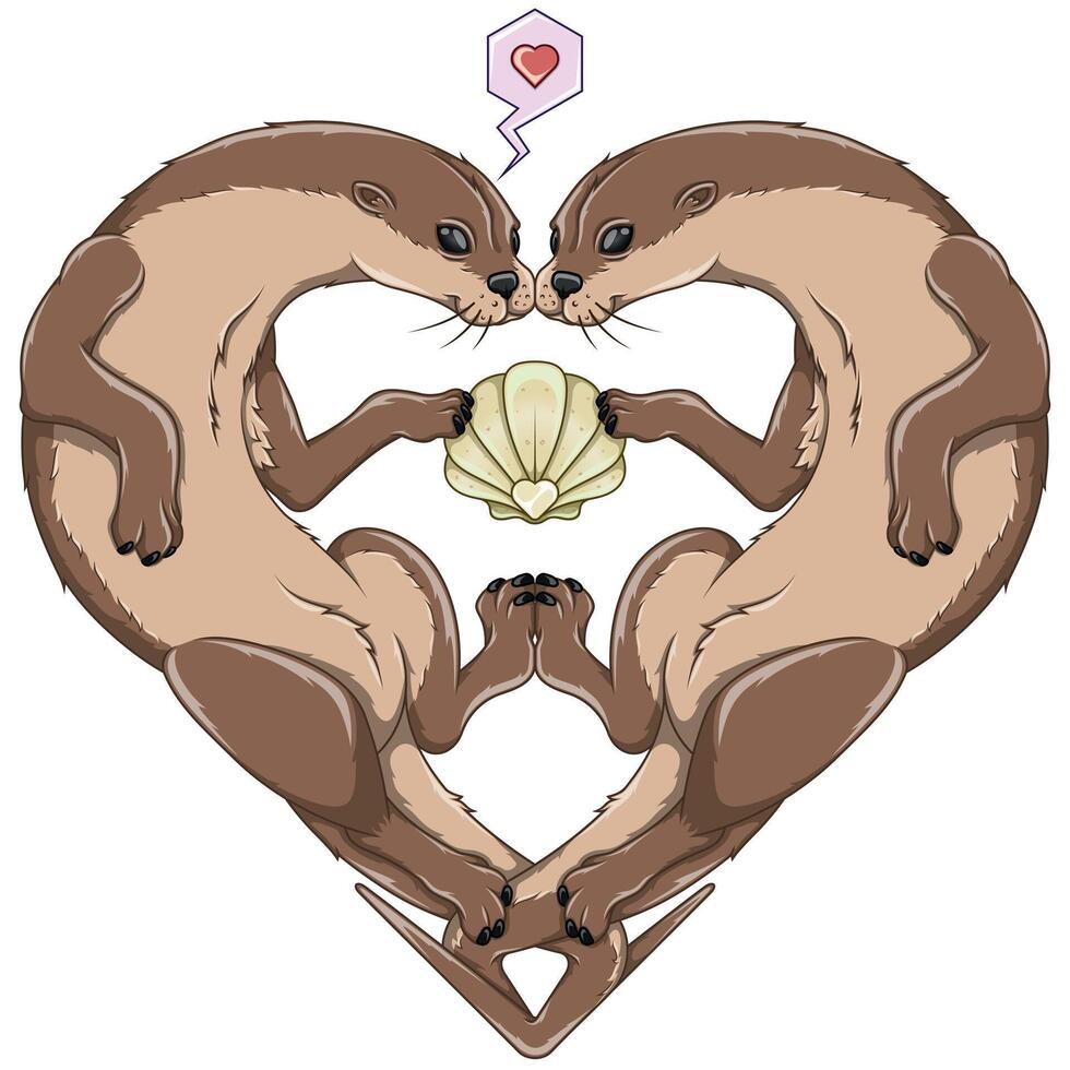 Heart shaped otter couple with seashell vector