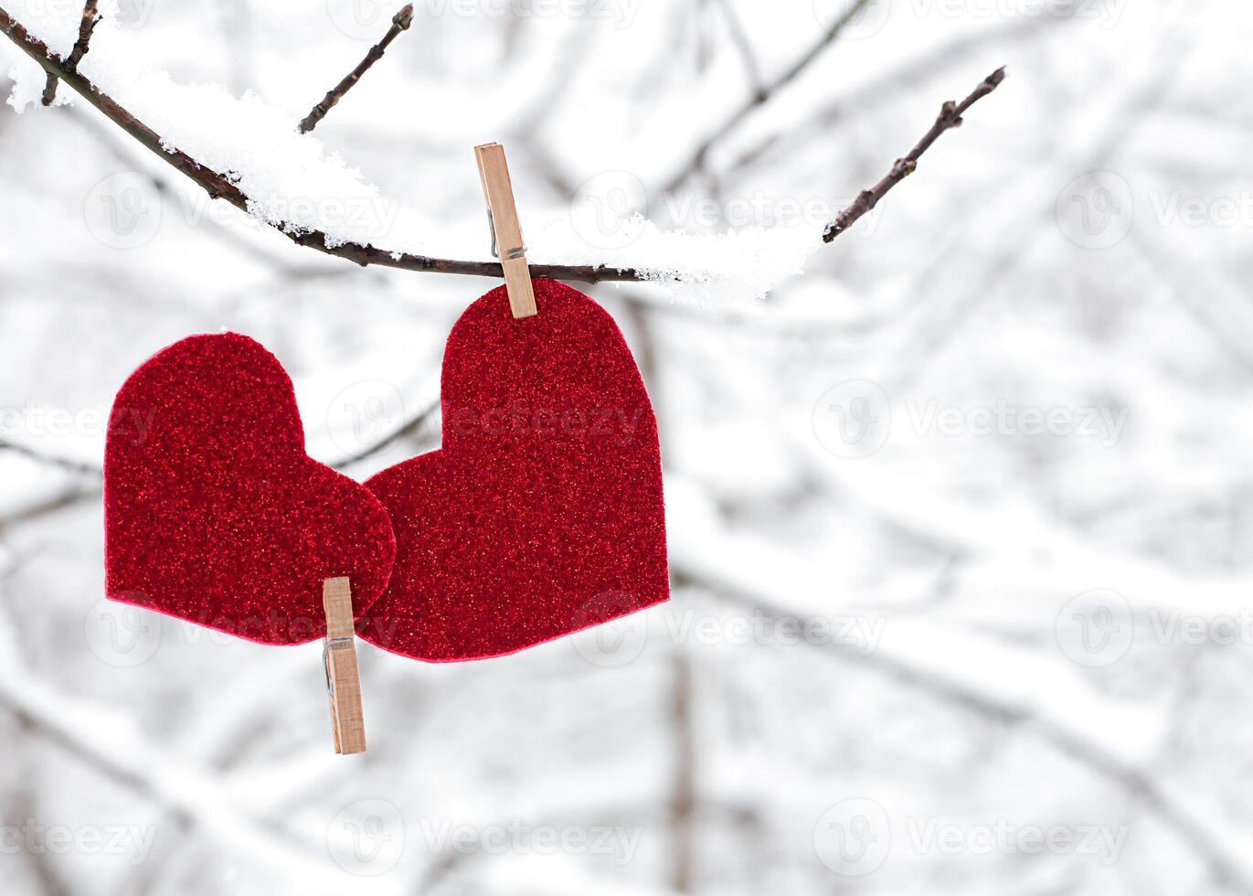 Two red hearts together hanging on snowy branch. Close-up. Copy space. photo