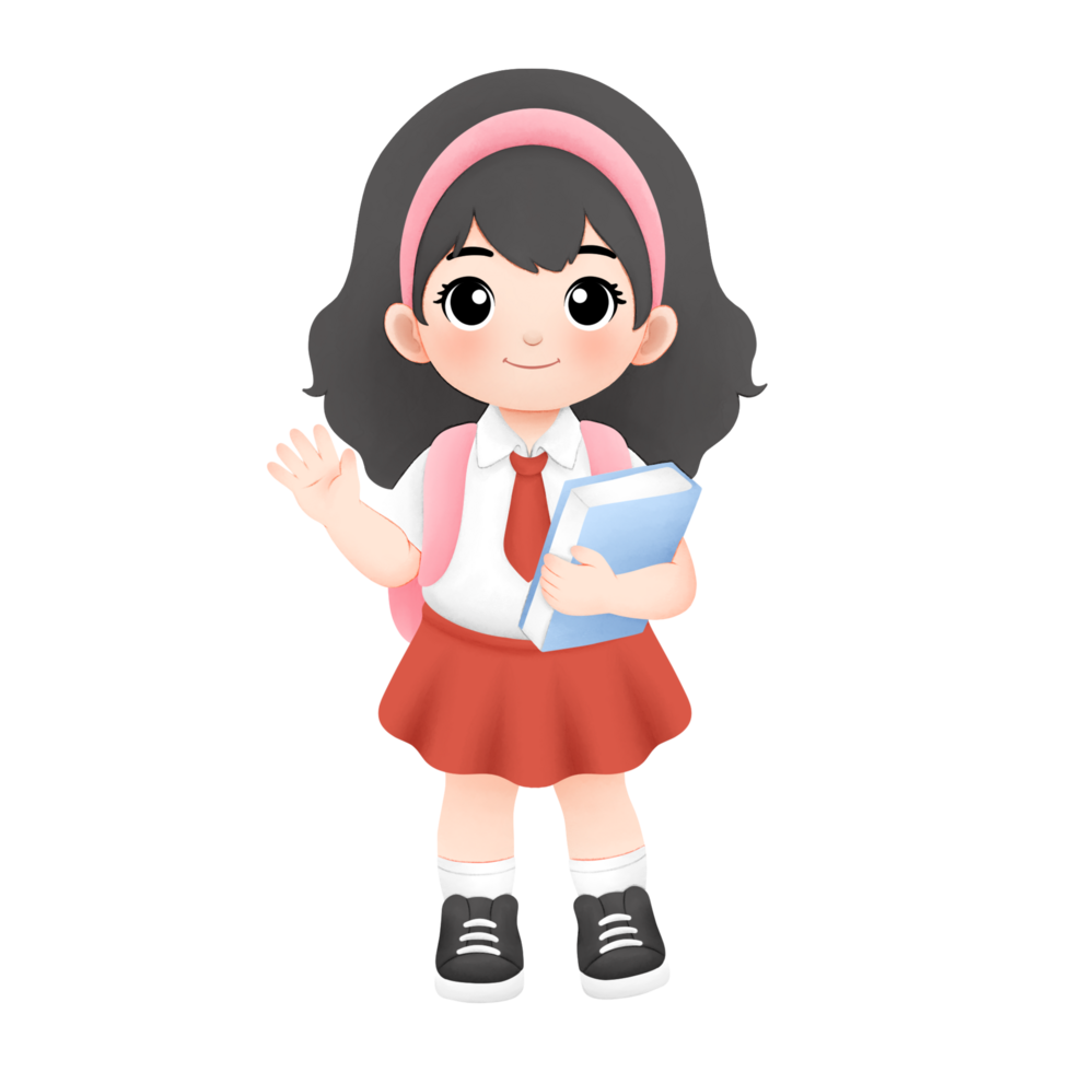 watercolor illustration of happy kid with student elementary school uniform while holding a book png