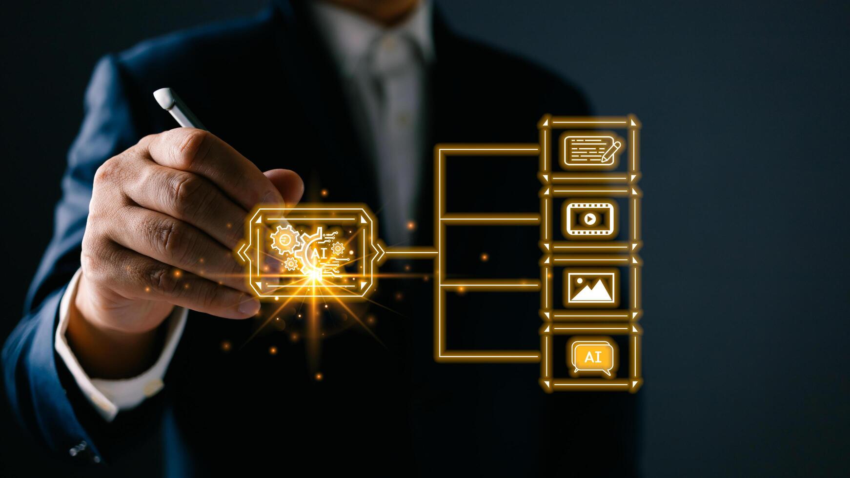 Man touch icon and use ai generates multimedia, marketers education, research, analyze media streaming content creation and online marketing strategies to grow their digital business photo