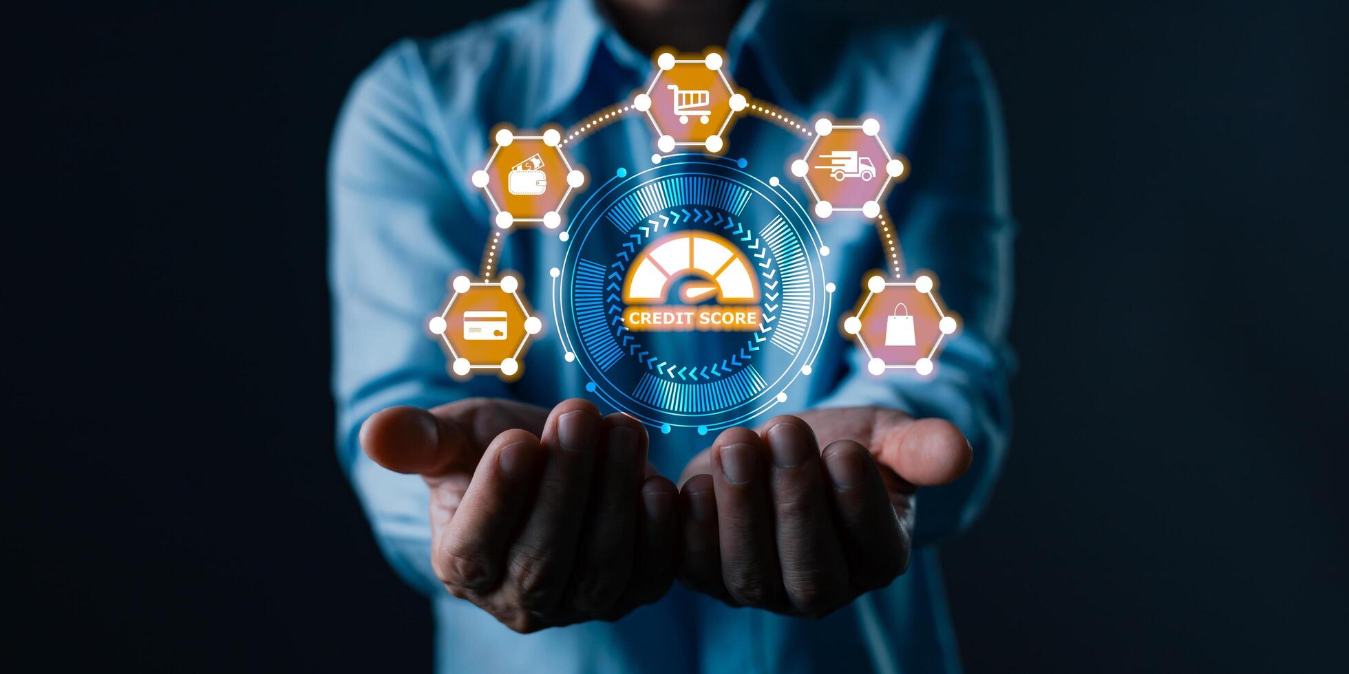 hand touch hologram credit report score to plan in e-business, and buy or purchase produce payment online. The concept of finance and online shopping. photo