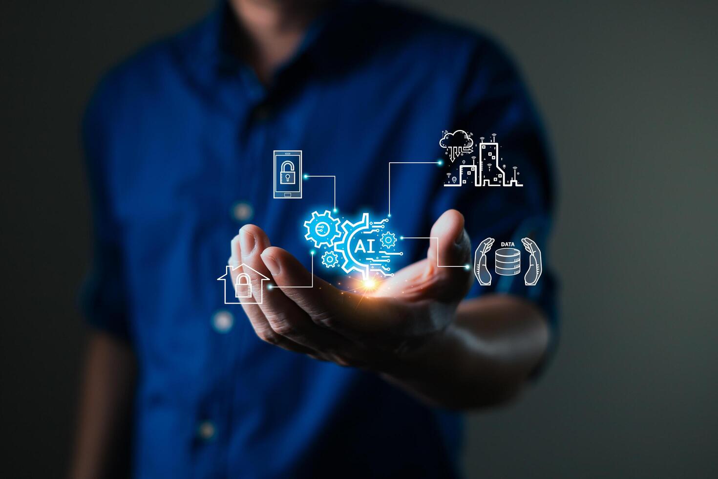man holding smart AI chatbot and command prompt.Big data storage.Digital Artificial Intelligence technology disruption concept.We are implementing automated tech support and service in the business. photo