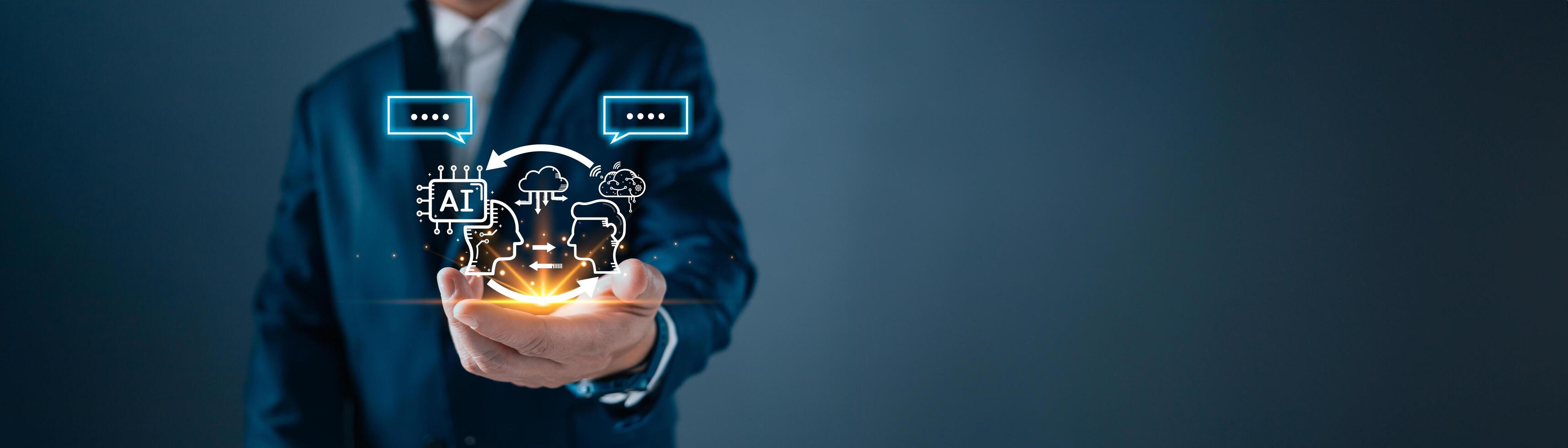 man touch command prompt ai chat. Big data storage computer tech.Digital Artificial Intelligence technology disruption concept. We are implementing storage technology support in the business. photo