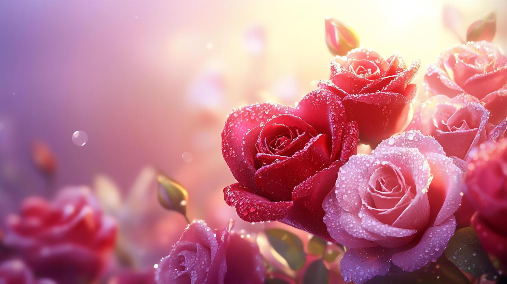 Dew kissed roses glow in soft light, symbolizing love and beauty. This stunning scene captures the essence of Valentine Day, radiating warmth, romance, and timeless affection. photo