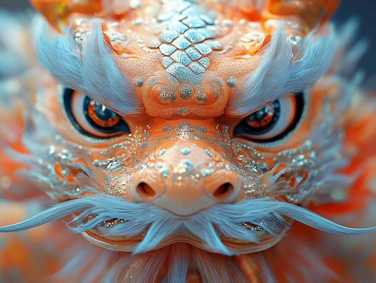 A stunning close-up of an ornate dragon mask with intricate patterns, glittering details, and vibrant orange hues, symbolizing strength, luck, and prosperity during Chinese New Year celebrations. photo