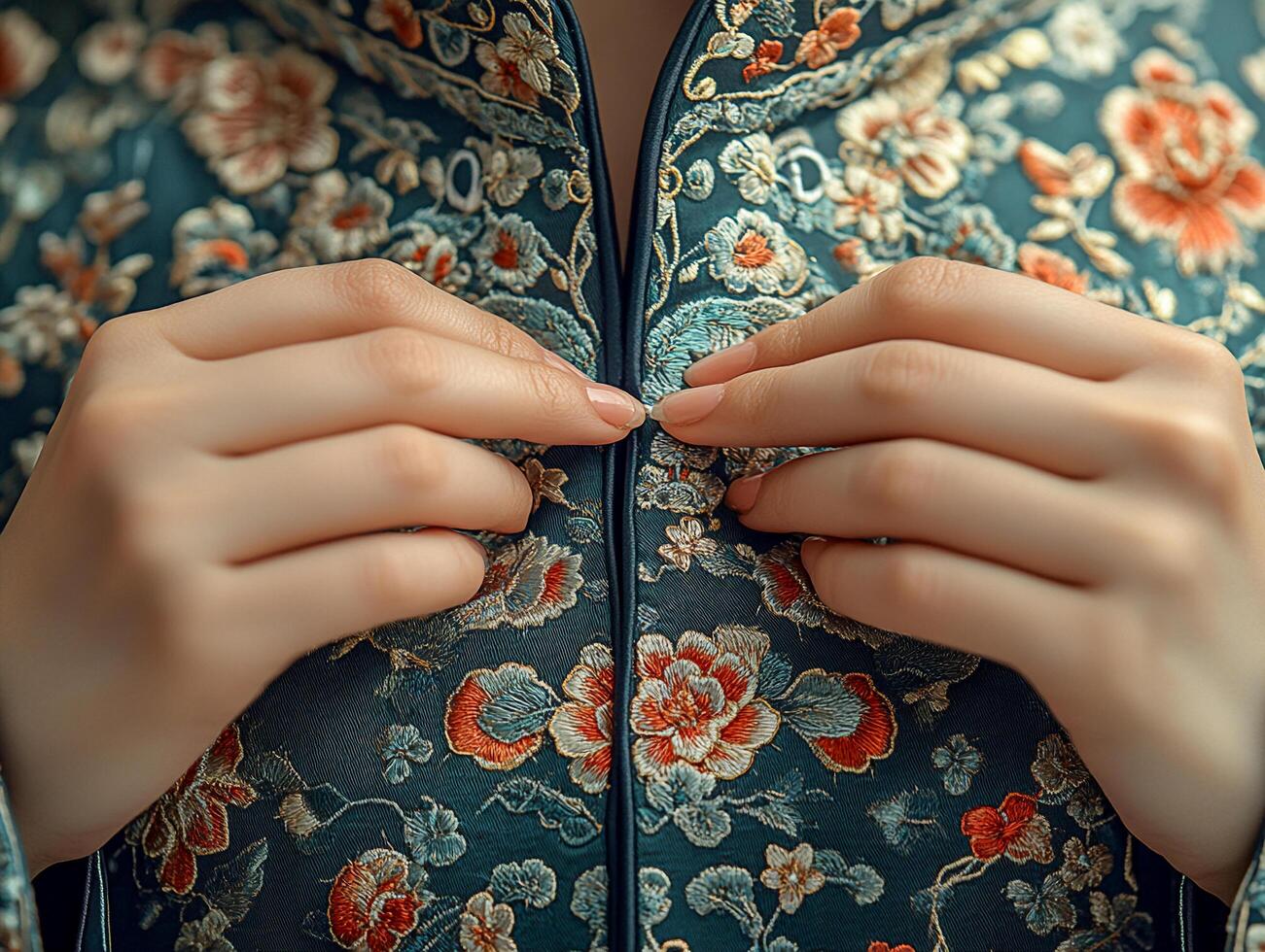 Delicate hands fasten the button of beautifully embroidered traditional dress,showcasing intricate floral patterns,symbolizing elegance and cultural heritage during the Chinese New Year celebration. photo