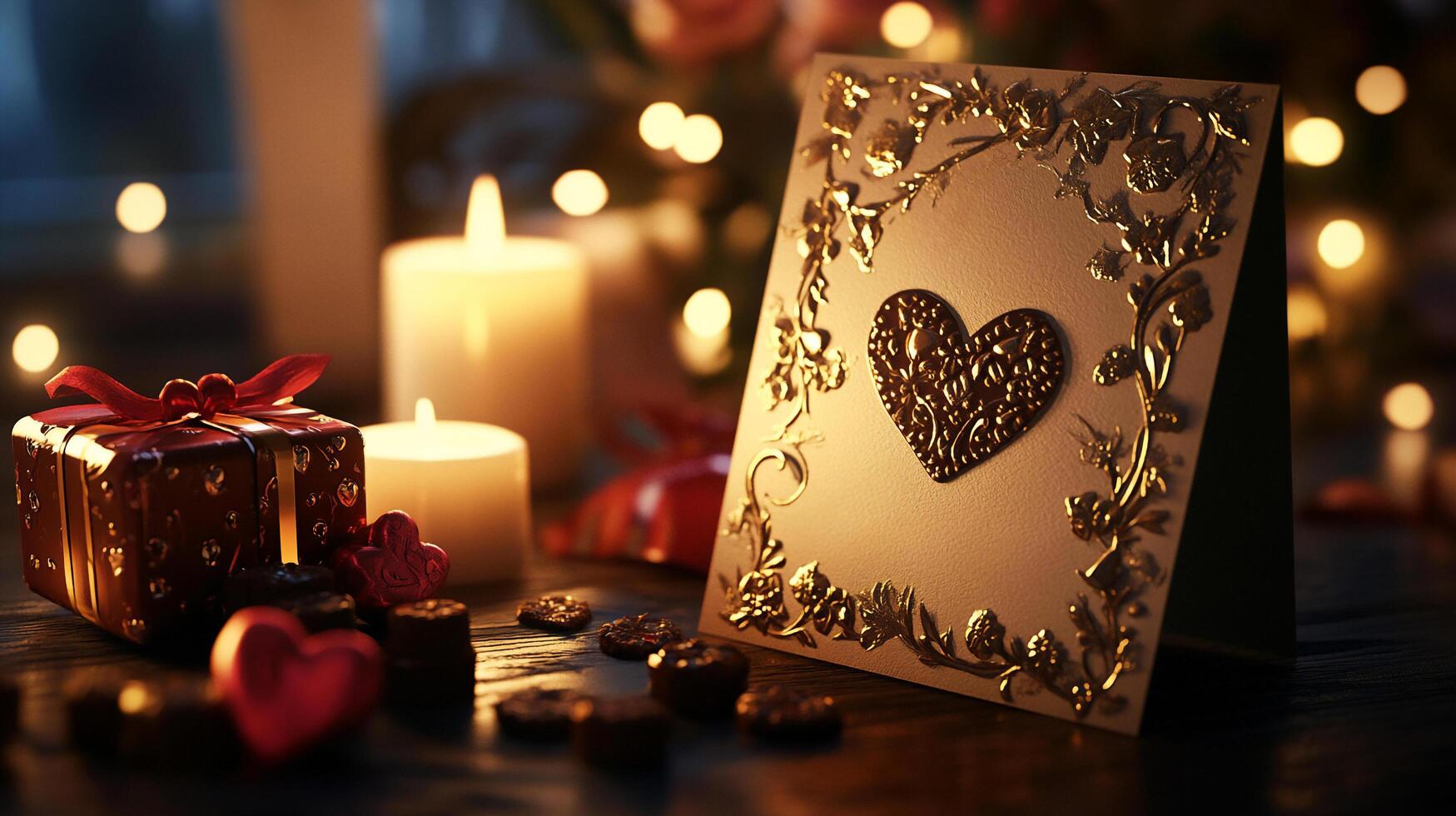 A stunning Valentine's card with golden floral details and a heart design sits on a wooden table, surrounded by candles, chocolates, and a gift box, creating a warm and love filled atmosphere. photo