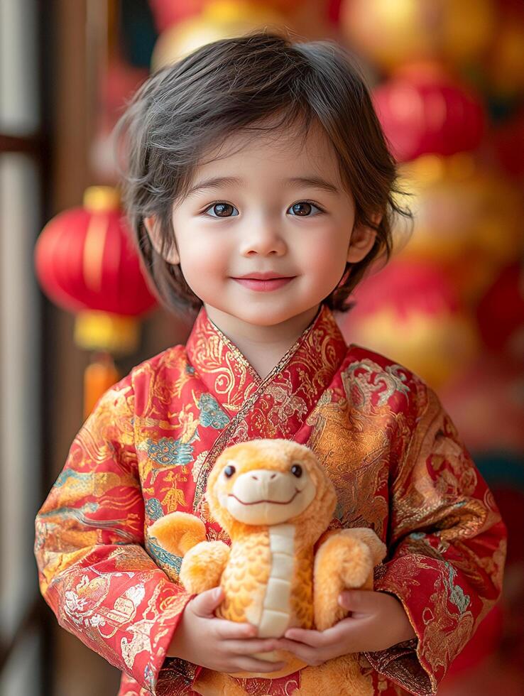 A cheerful child in a vibrant red traditional outfit holds a golden dragon plush toy, surrounded by festive red lanterns, celebrating the joy and symbolism of Chinese New Year traditions. photo