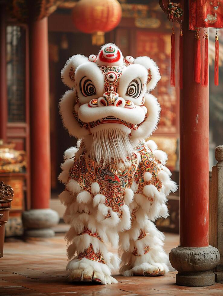 A traditional lion dance costume adorned with intricate embroidery and soft white fur in a festive setting, symbolizing luck, prosperity, and cultural heritage during Chinese New Year celebration. photo