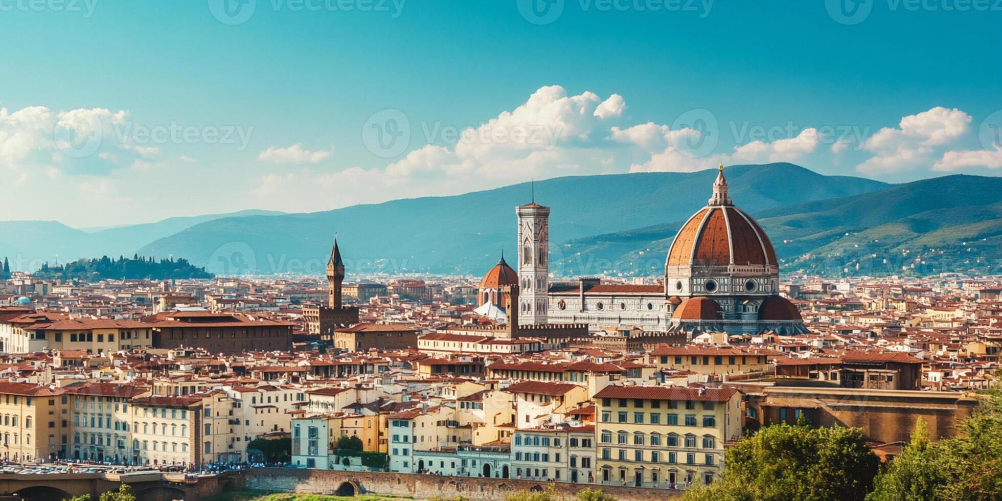 Beautiful landscape above panorama on historical view of the Florence from Piazzale Michelangelo point, Italy. photo