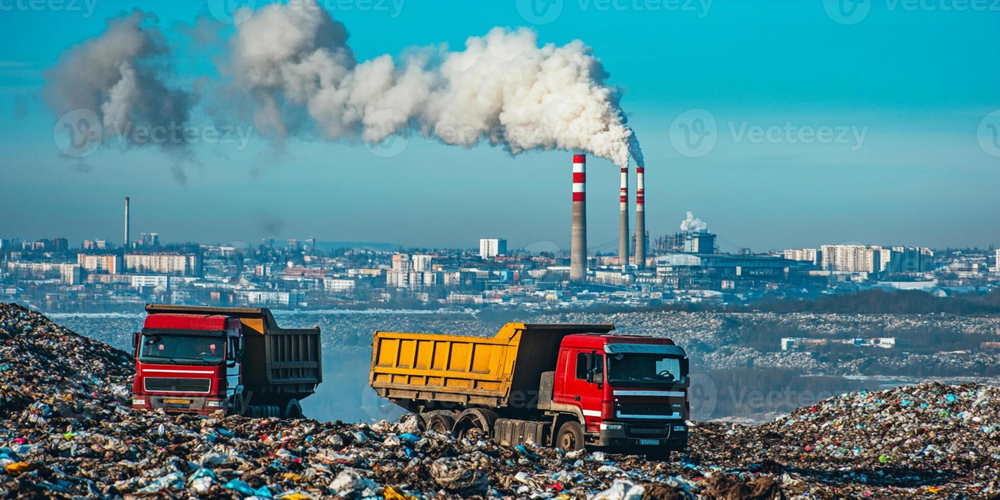 Dump trucks unloading garbage over vast landfill. Environmental pollution. Outdated method of disposal. Survival of times past. photo