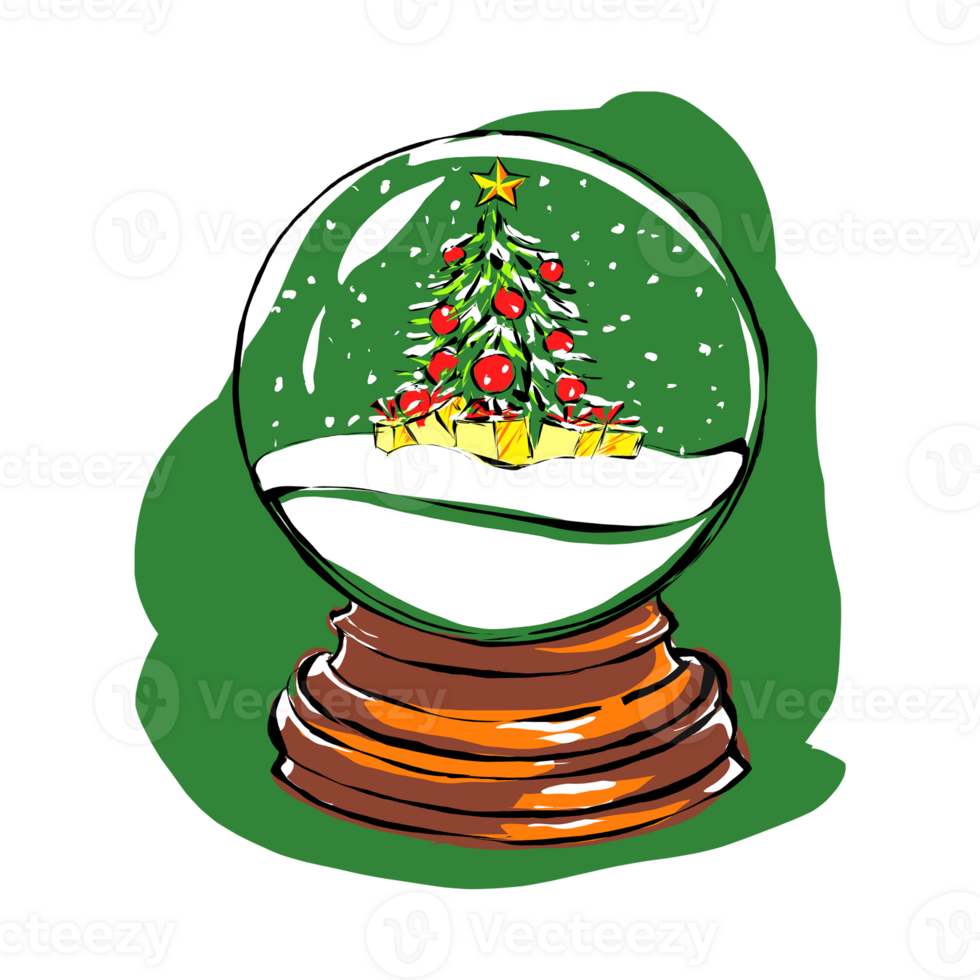 Traditional snow globe with Christmas tree and falling snow inside. Digital hand-painted element for The New Year illustrations png