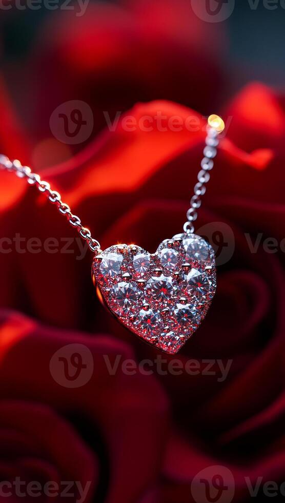 A heart pendant is set in a red rose. The pendant is made of diamonds and is set in a gold chain. The rose is red and has a shiny surface. The pendant and the rose together create a romantic photo