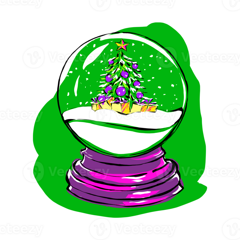 Snow globe with Christmas tree and falling snow. Digital hand-painted element for The New Year illustrations png