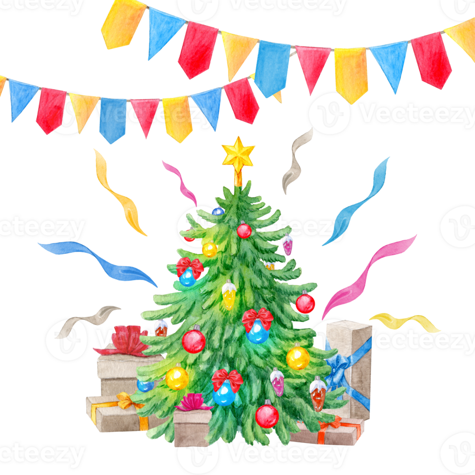 Watercolor Christmas tree with multicolored balls, garlands and gift boxes for design of Christmas cards png