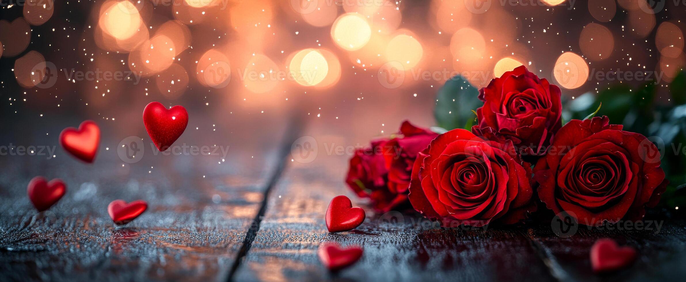A bouquet of red roses with hearts scattered around them. Concept of love and romance photo