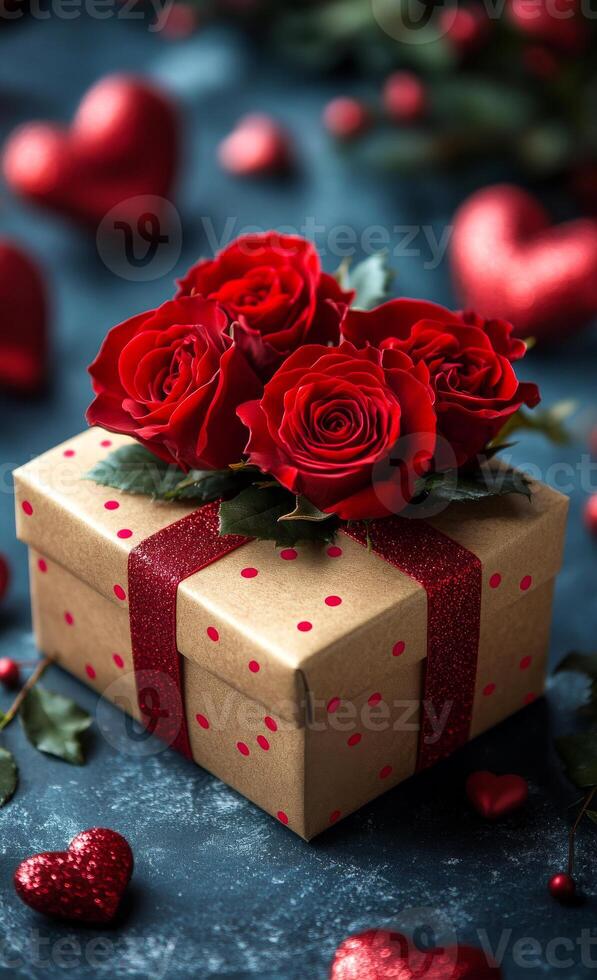 A brown box with red polka dots and red roses on top. The box is surrounded by hearts and a blue background photo