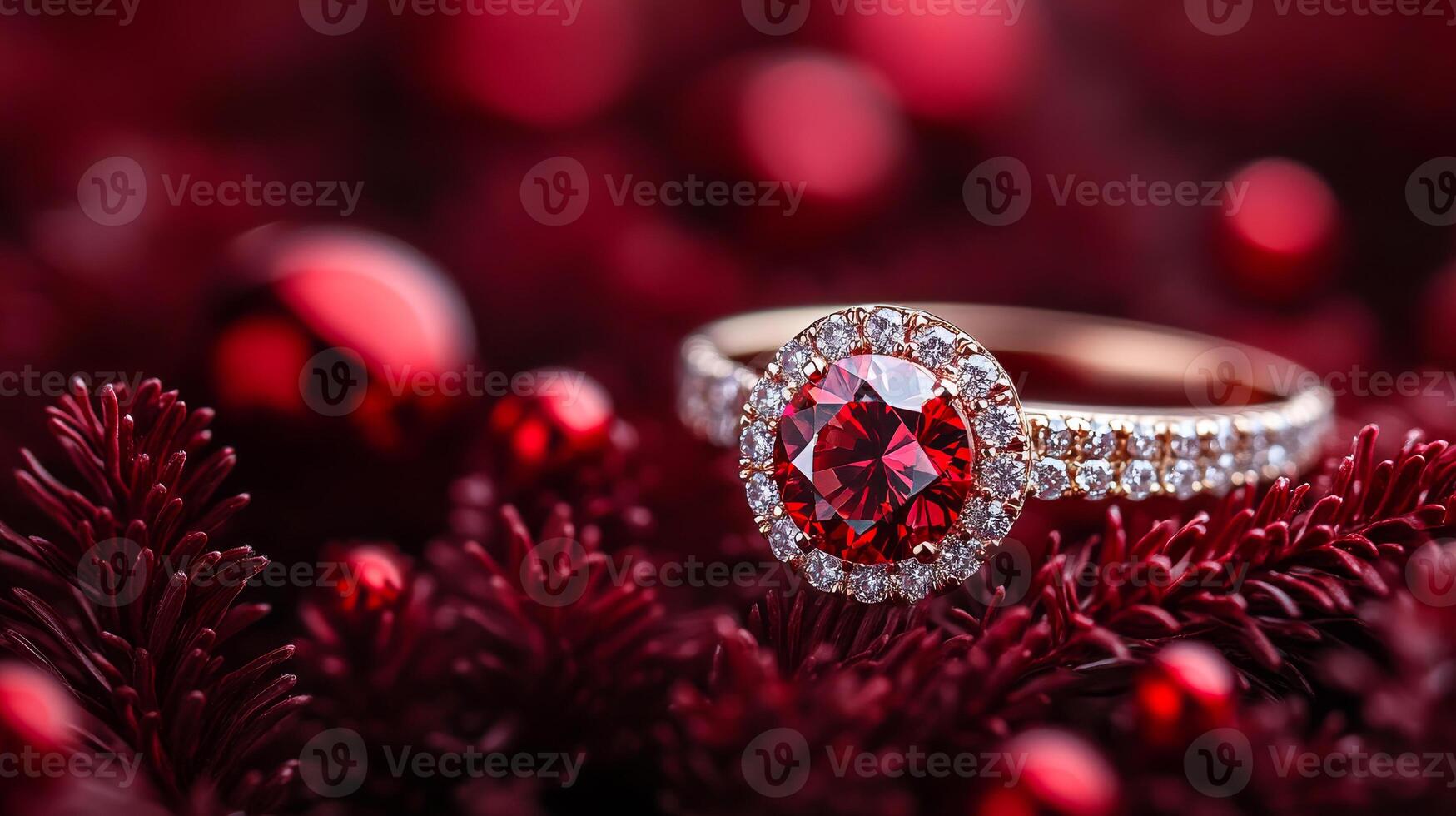 A red and white diamond ring is set in a red background. The ring is surrounded by red and white beads, giving it a festive and elegant look photo