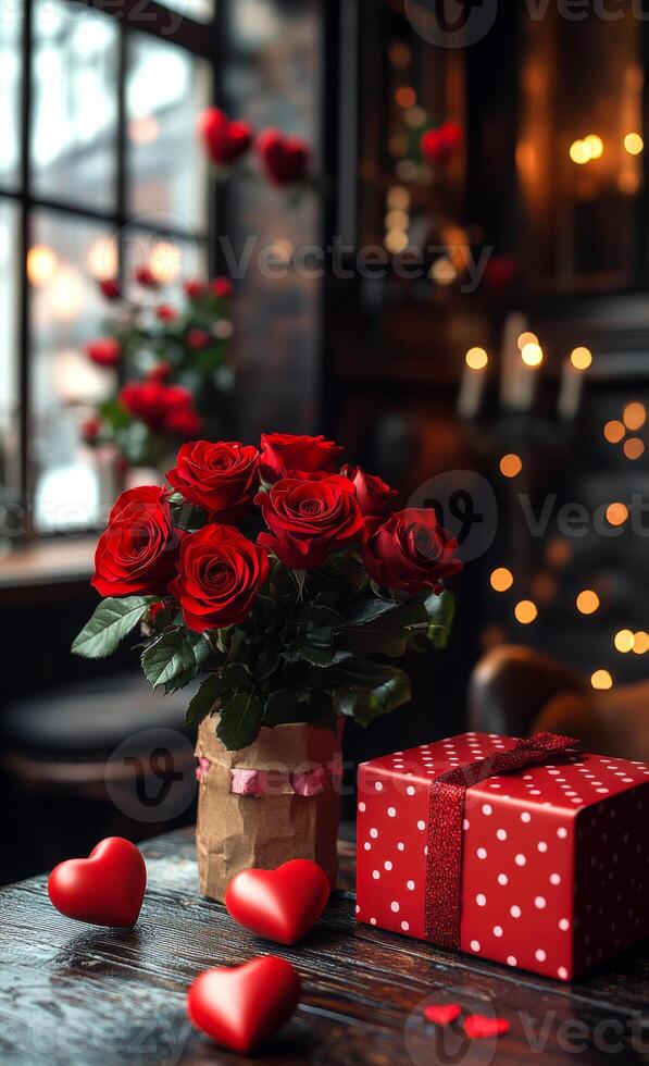 A red box with a red polka dot design sits on a table next to a vase of red roses. The roses are arranged in the vase and there are also two heart-shaped decorations on the table photo