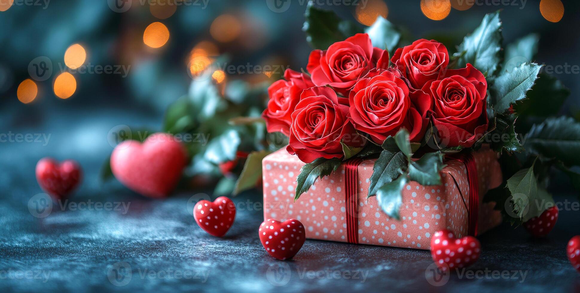 A box of red roses sits on a table with a heart and a bunch of red roses. Concept of love and affection, as the roses are a symbol of romance and the heart represents love and passion photo