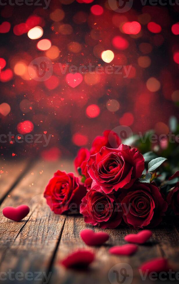 A bouquet of red roses is placed on a wooden table with a heart-shaped design in the background. The roses are arranged in a way that they look like they are blooming photo