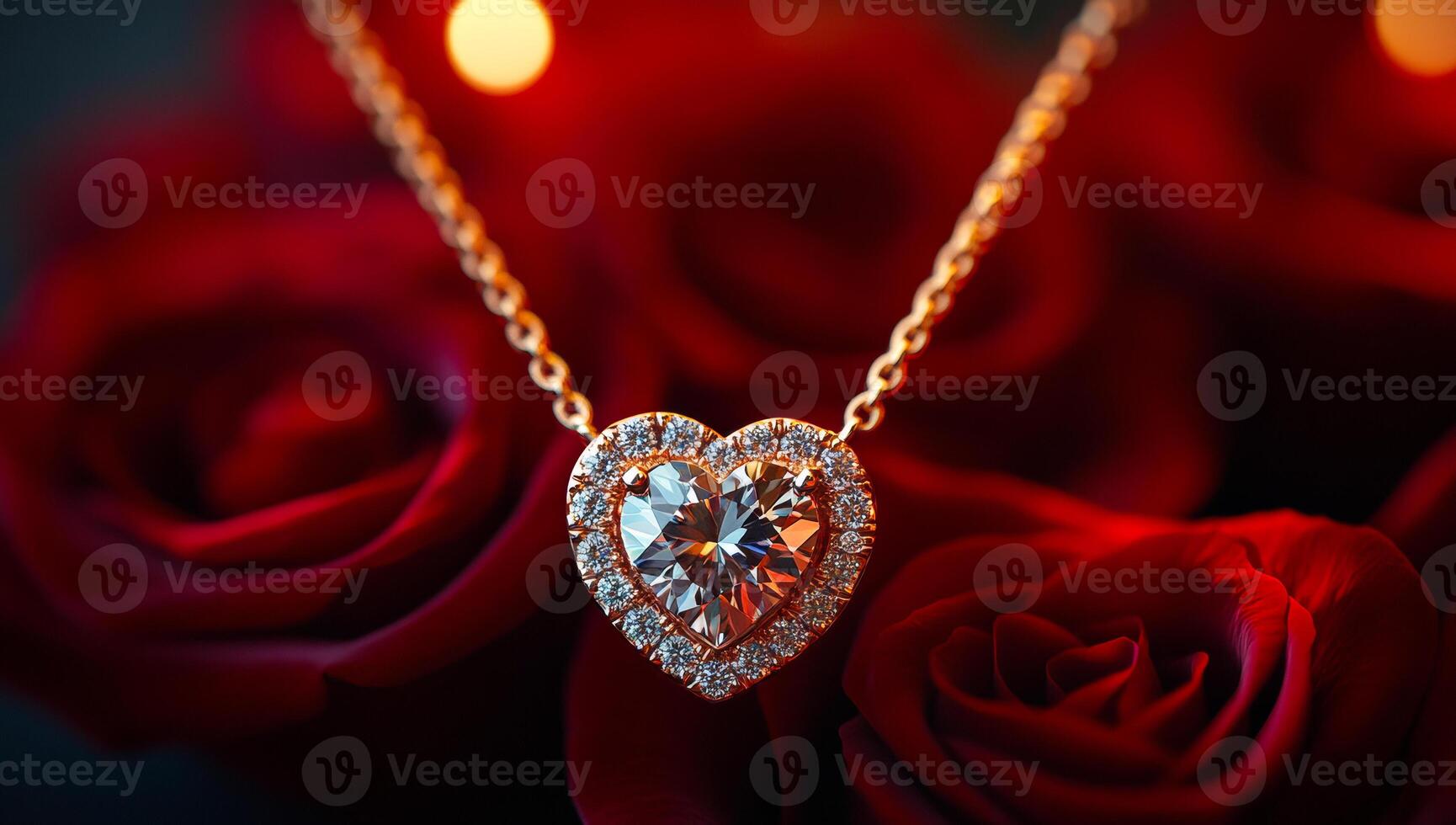 A heart pendant is set in a red rose. The pendant is made of gold and diamonds photo