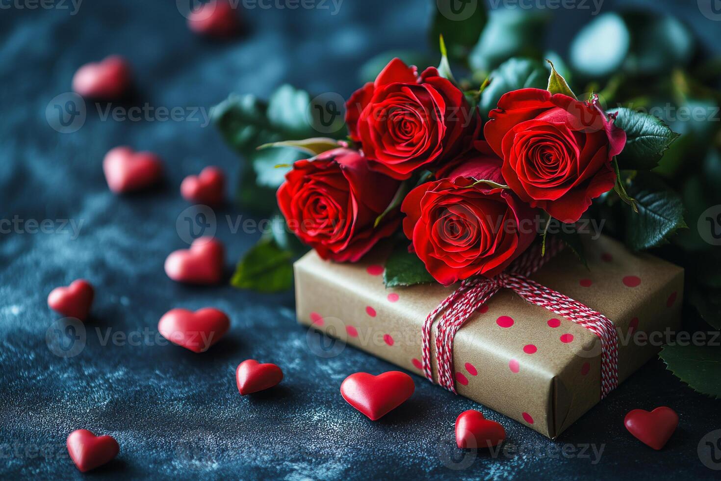 A box of red roses sits on a table with a pile of heart-shaped confetti. Concept of love and celebration, as the roses and confetti are often associated with Valentine's Day photo