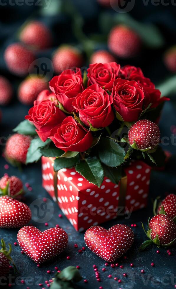 A red box with a heart on it is filled with red roses and strawberries. The strawberries are scattered around the box and the roses are arranged in a way that they look like they are hugging the box photo