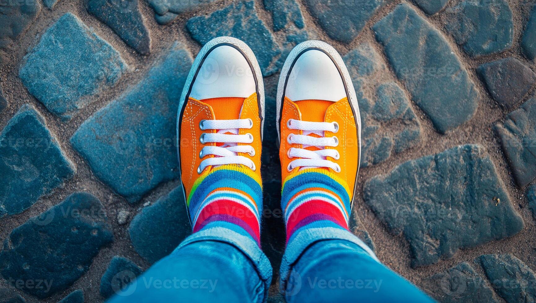 A person is wearing colorful socks and standing on a cobblestone street. The socks are striped and the shoes are orange photo