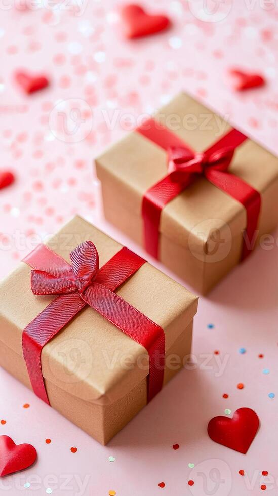 Two brown boxes with red ribbons on them, one of which has a red bow. The boxes are placed on a pink background with a lot of red hearts scattered around. Concept of love and celebration photo