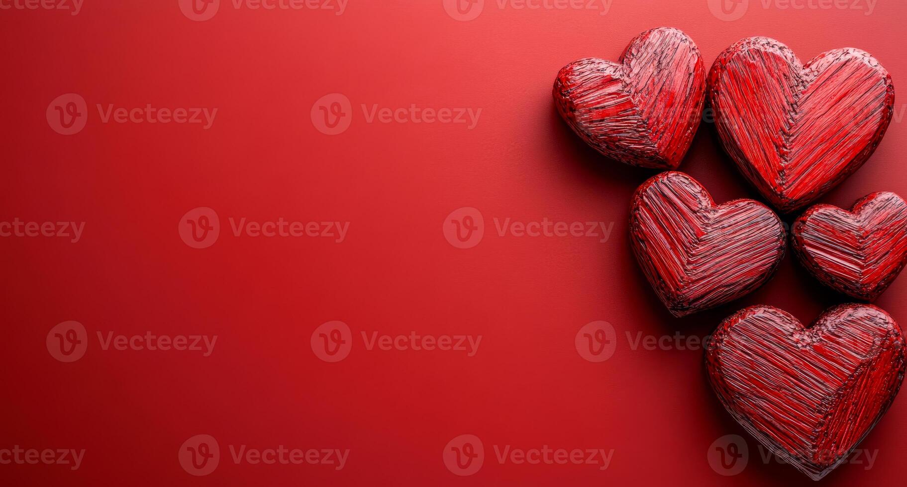 A red background with five hearts on it. The hearts are all different sizes and are placed in a row photo